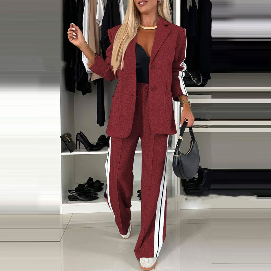 Women's Casual Suit Lapel Single-breasted Jacket And Striped Straight Pants Fashion Sports Trousers Suit Out wears Clothing