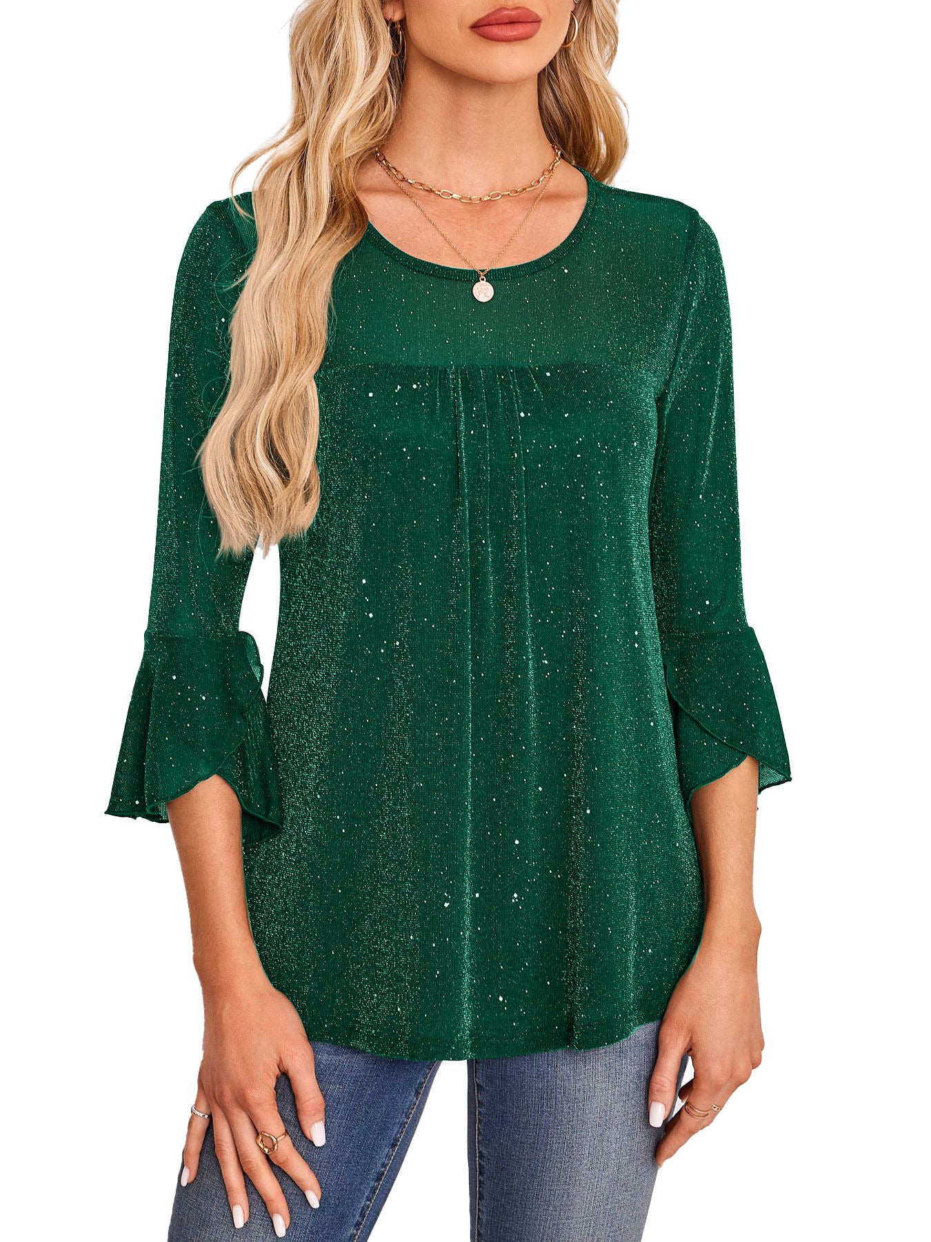 Summer Ruched Flare Sleeve Crew Neck Mesh Top Shirt