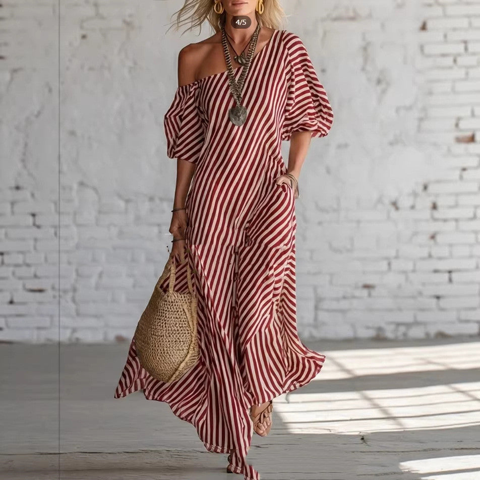Printed Elegant Classic Striped Off-Shoulder Long Dress