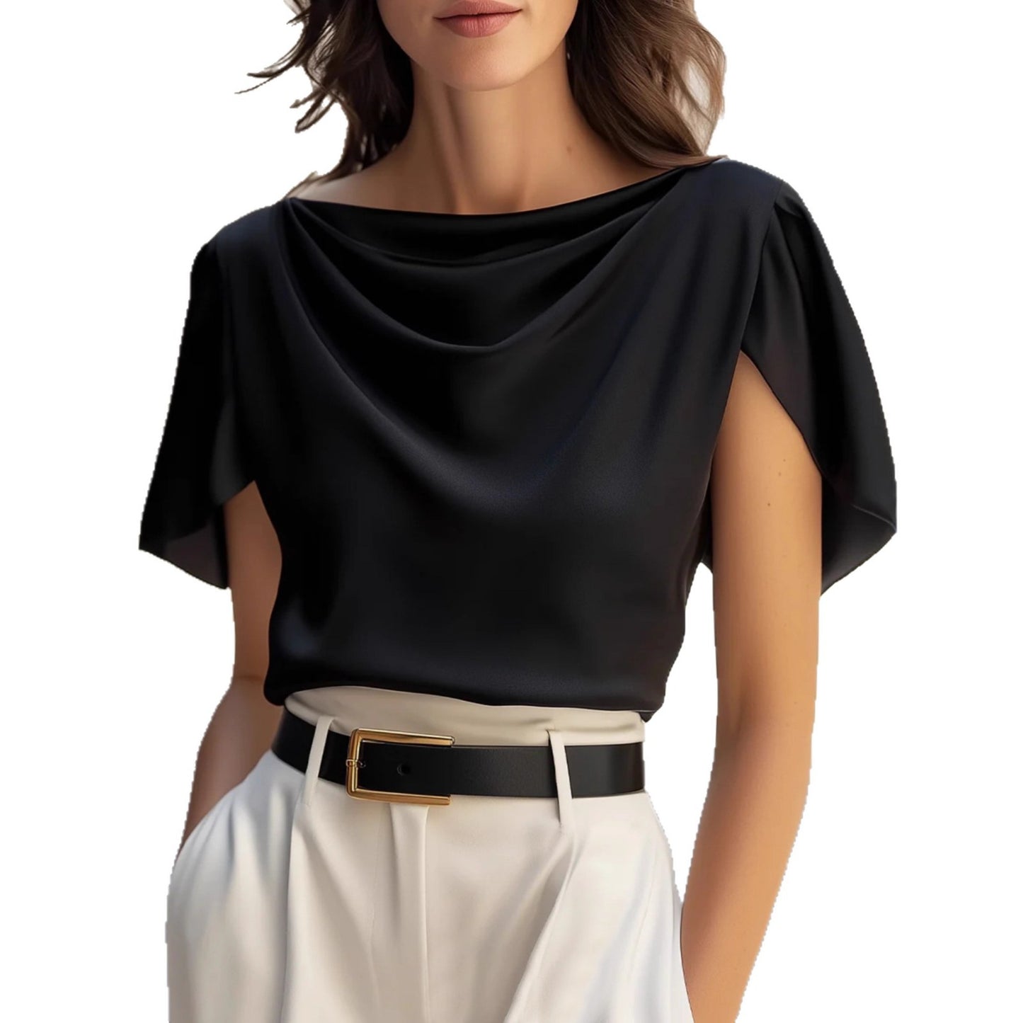 Scoop-neck Draping Short-sleeve Top Casual Shirt For Women
