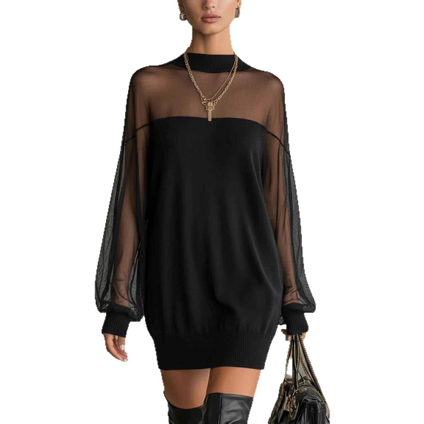Womens European And American-style Springautumn Mesh Patchwork Mini Skirt O Neck Long Sleeve Pullover Party Dresses