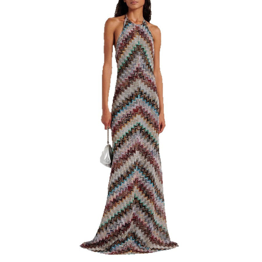 Womens Slanted Stripe Halterneck Sleeveless Printed Dress