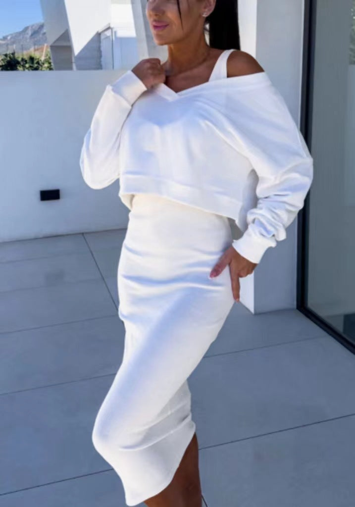 Women's Two Piece Dress Suit Fashion Long-sleeved V-neck Pullover Sweatshirt And Sleeveless Dresses Set