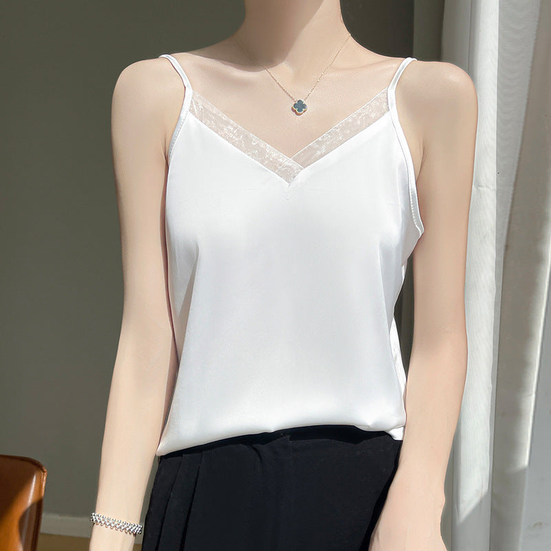 V-neck Mesh-panelled Sleeveless Chic Slip-style Camisole