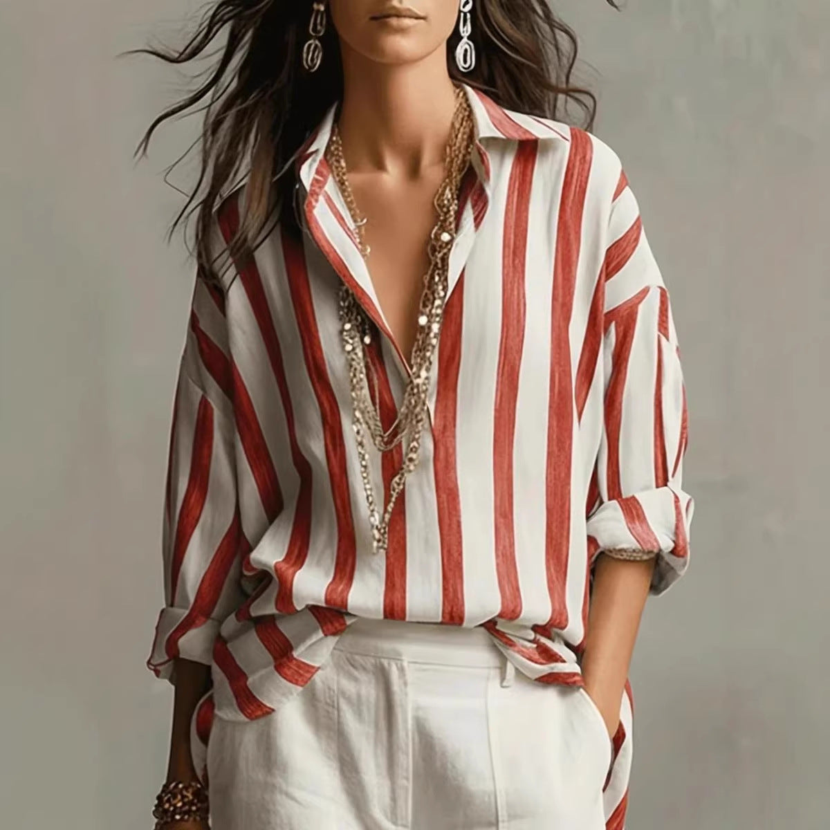 Striped Lapel Collar Loose-Fit Stylish Pullover Womens Blouse