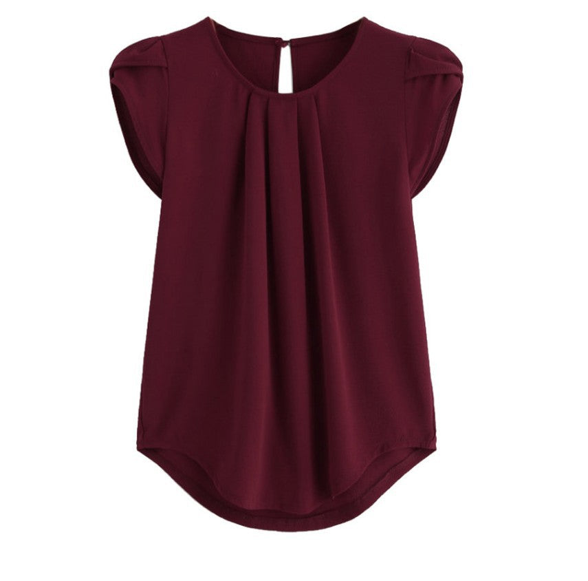 New Solid-color Button-up Short-sleeve Womens Top