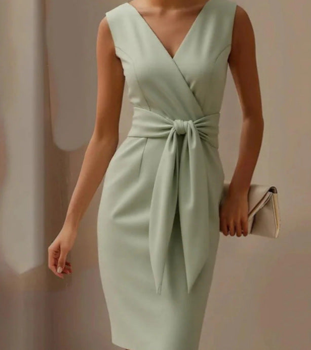 Fashion Bowknot Dress Solid Color Elegant Slim Sleeveless Dresses Women's Casual Office Party Clothing