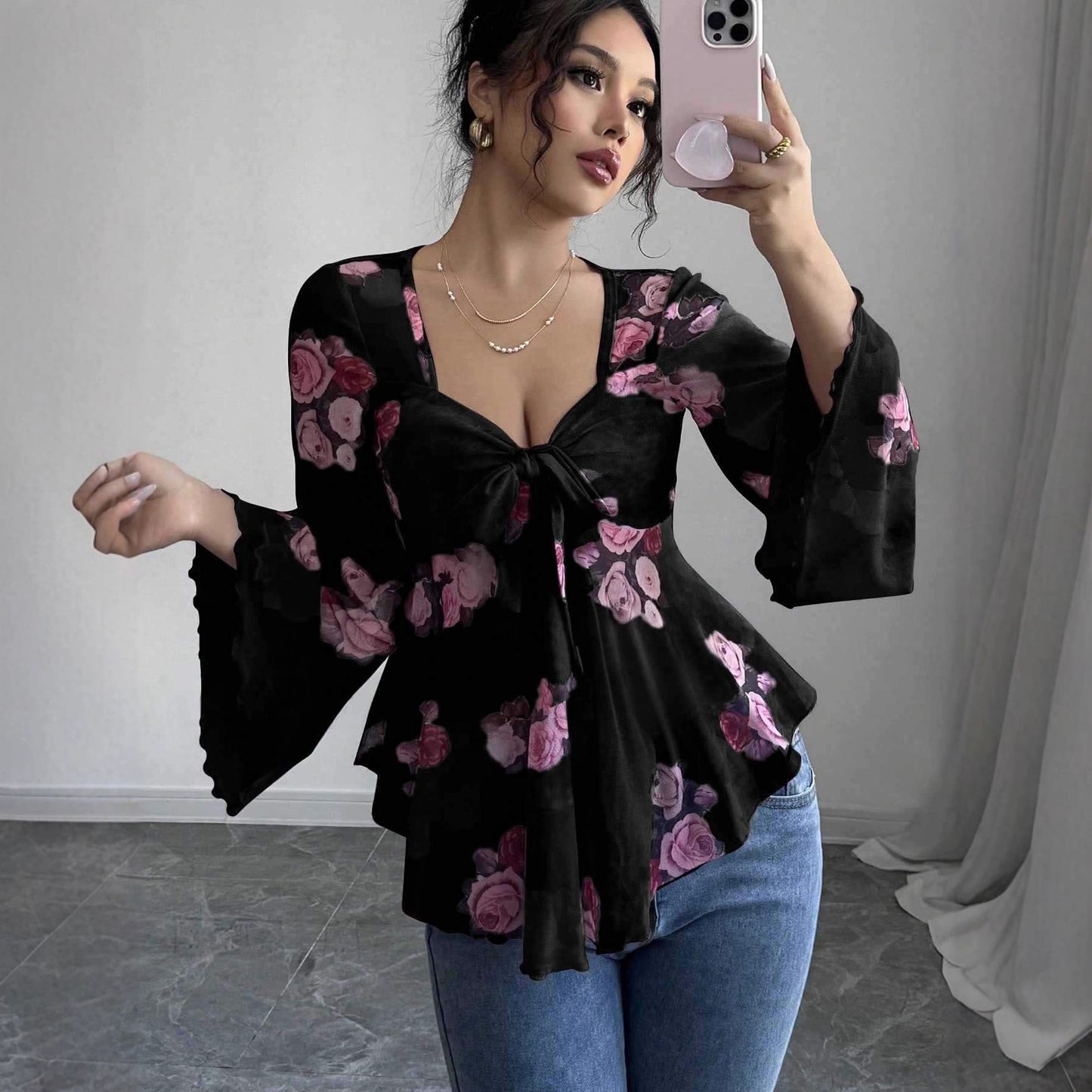 Women's French-style Printed Mesh Elegant Casual Shirt