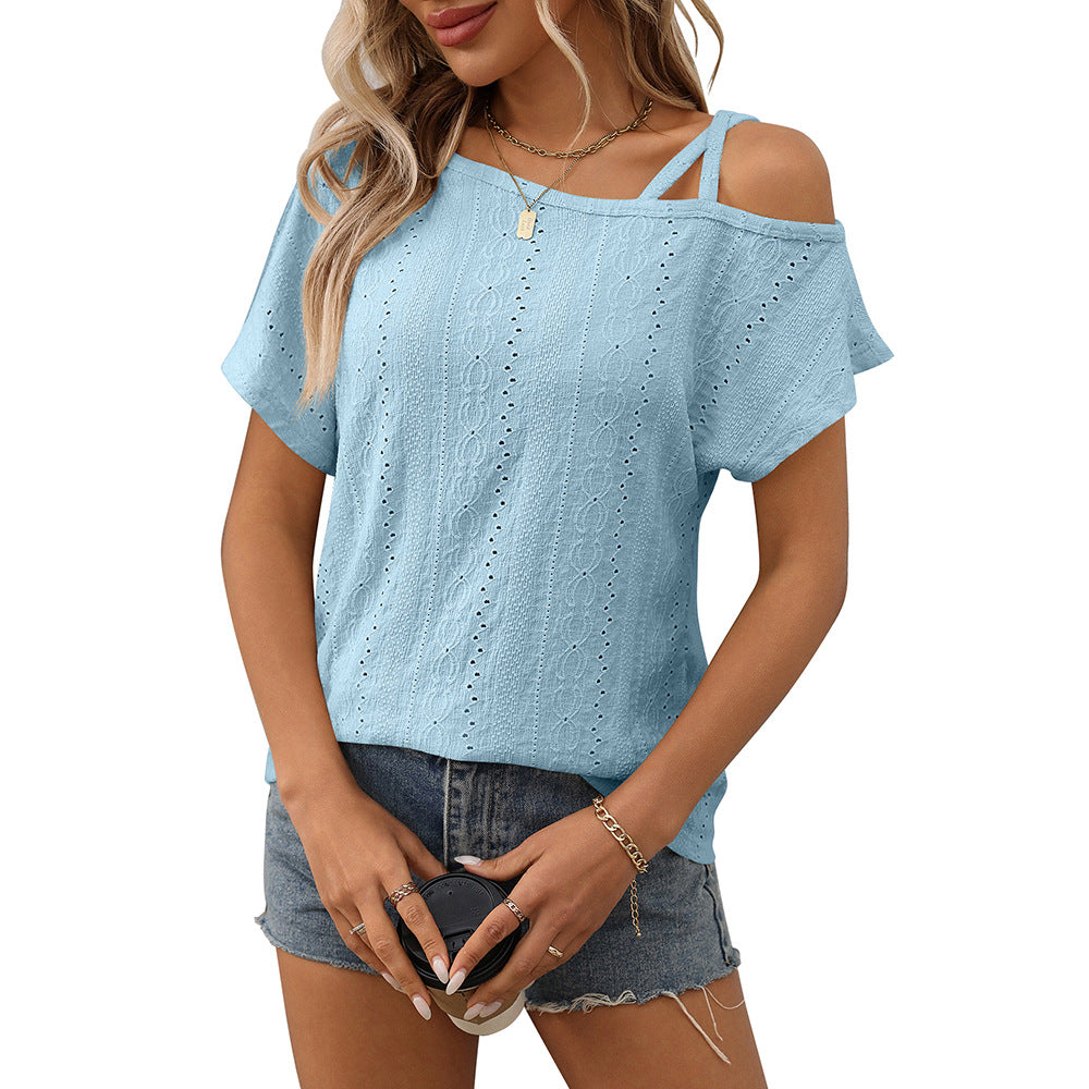 One-shoulder Short-sleeve T-shirt Hollow-out Top For Women