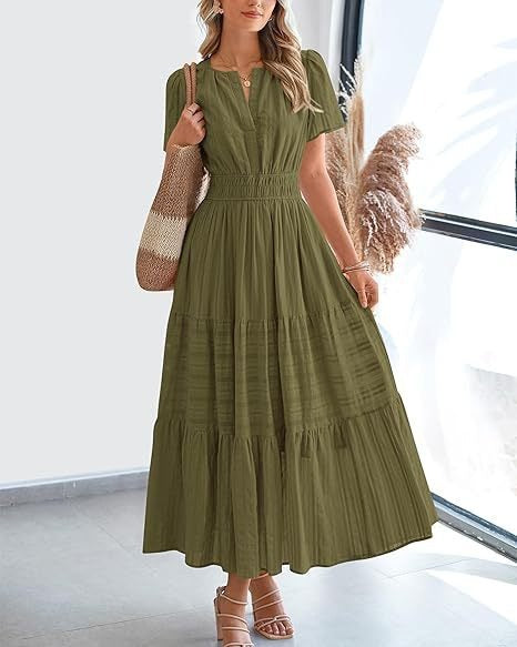 Vneck Pleated Puff Sleeve Layered Maxi Dress For Women