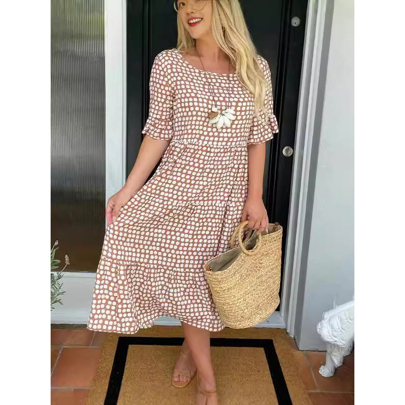 Womens Hot Bestseller Summer Crew-Neck Printed Short-Sleeve Dress