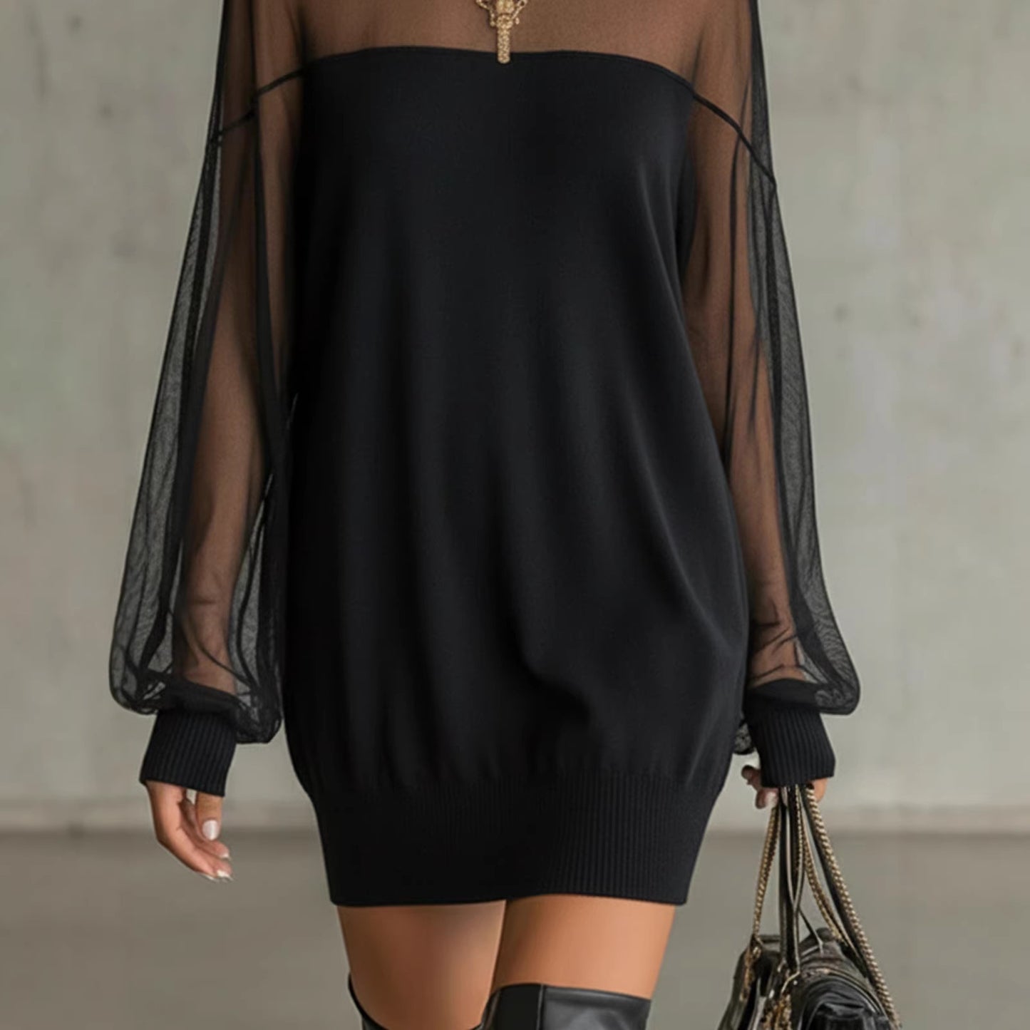 Womens European And American-style Springautumn Mesh Patchwork Mini Skirt O Neck Long Sleeve Pullover Party Dresses