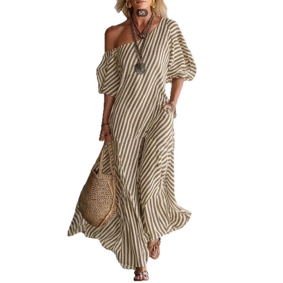 Printed Elegant Classic Striped Off-Shoulder Long Dress