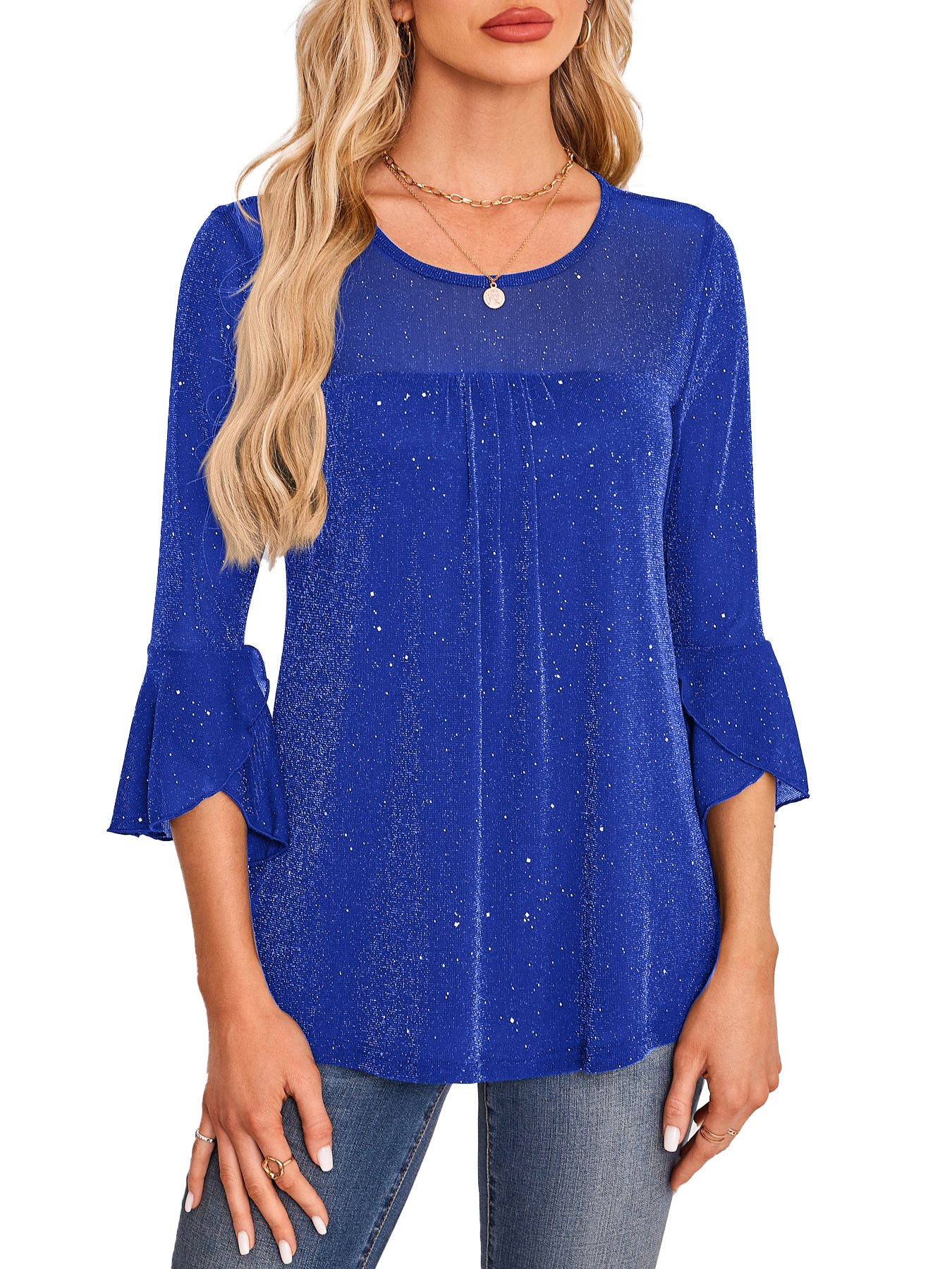 Summer Ruched Flare Sleeve Crew Neck Mesh Top Shirt
