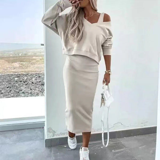 Women's Two Piece Dress Suit Fashion Long-sleeved  V-neck Pullover Sweatshirt And Sleeveless Dresses Set