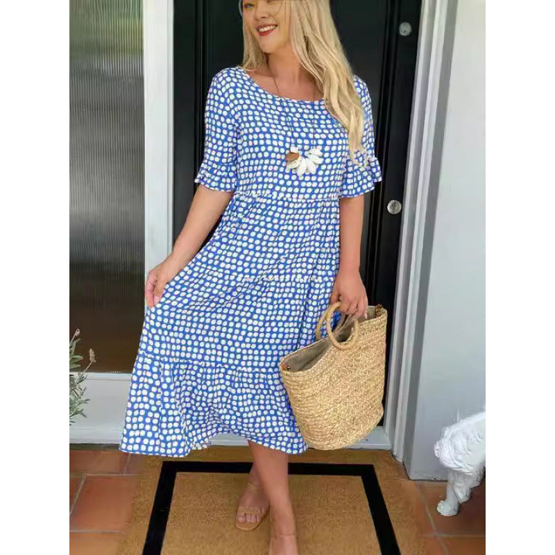 Womens Hot Bestseller Summer Crew-Neck Printed Short-Sleeve Dress