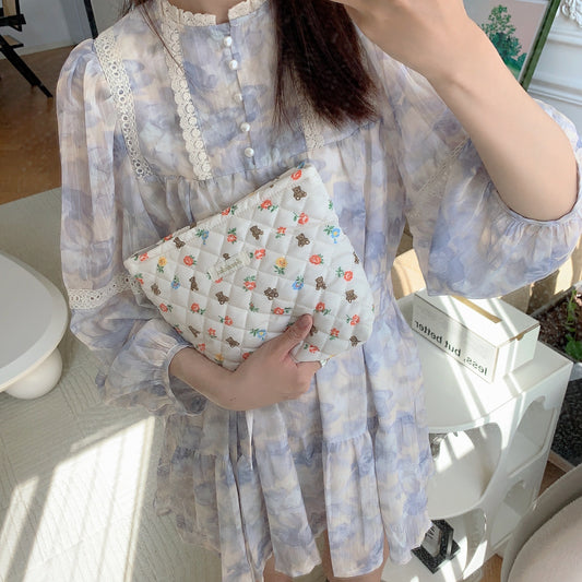 Cartoon Floral Little Bear Quilted Lined Clutch Portable High-Capacity Organizer Womens Makeup Bag