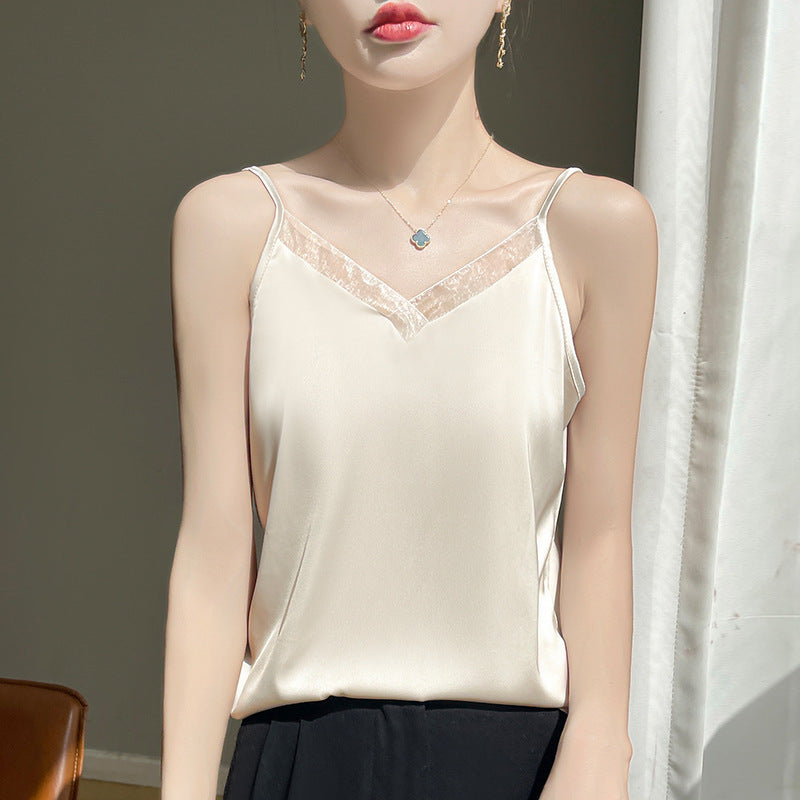 V-neck Mesh-panelled Sleeveless Chic Slip-style Camisole