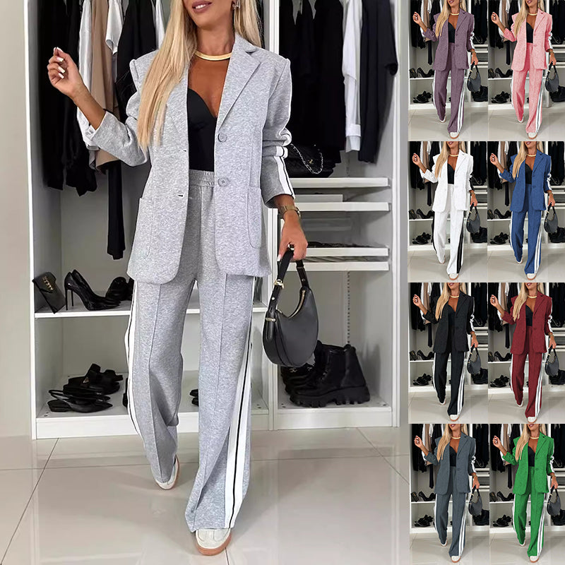Women's Casual Suit Lapel Single-breasted Jacket And Striped Straight Pants Fashion Sports Trousers Suit Out wears Clothing