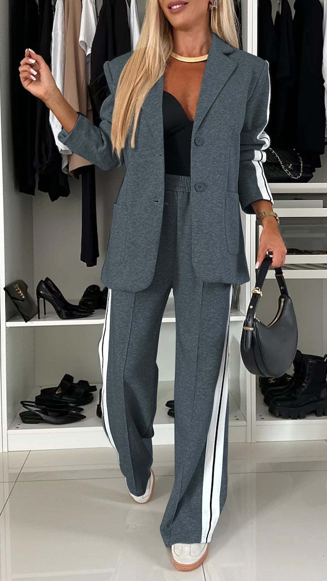 Women's Casual Suit Lapel Single-breasted Jacket And Striped Straight Pants Fashion Sports Trousers Suit Out wears Clothing