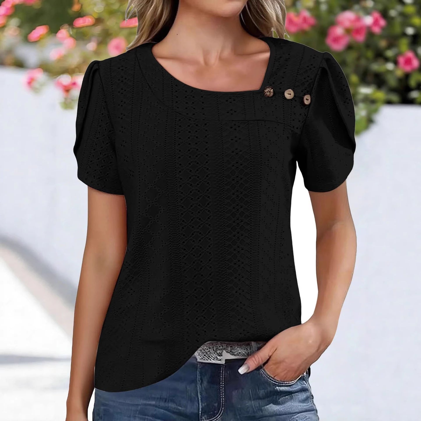 V-neck Casual Buttoned Solid-color Womens Top