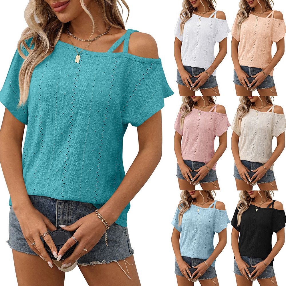One-shoulder Short-sleeve T-shirt Hollow-out Top For Women
