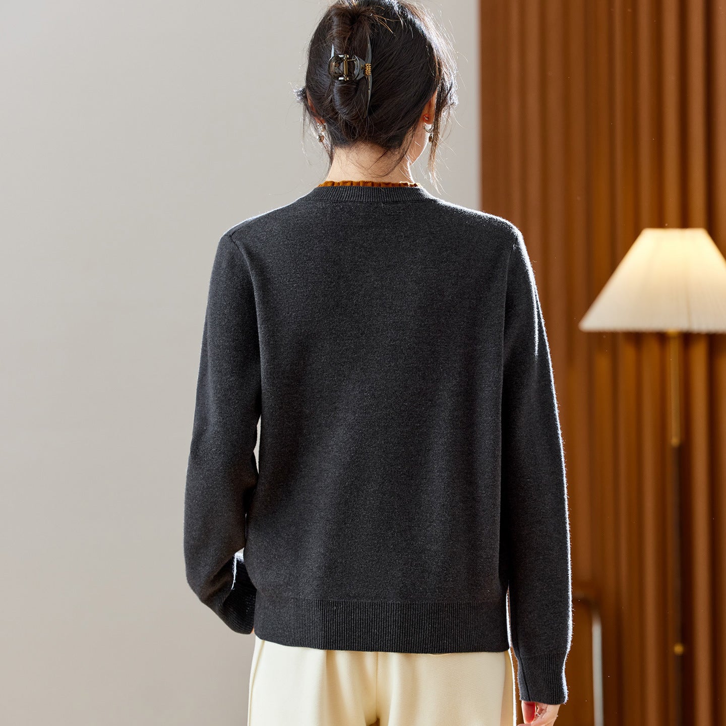 Ribbed Trim Contrast-Colored Crew-Neck Knit Sweater Womens Long Sleeve