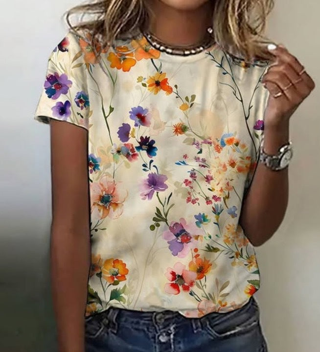 Women's Round-Neck Short-Sleeve Casual Top With 3D Flower Print