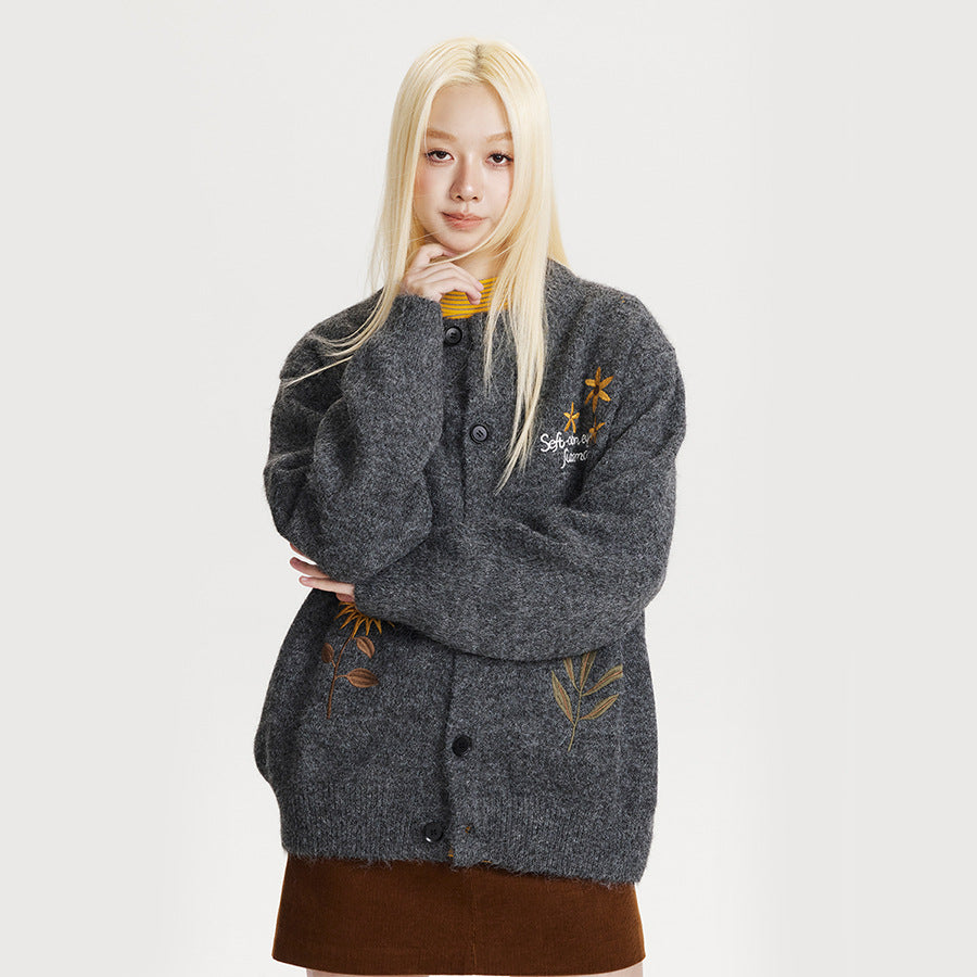 Retro Preppy Style Floral Embroidery Cardigan Sweater