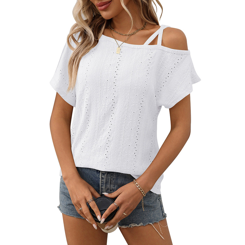 One-shoulder Short-sleeve T-shirt Hollow-out Top For Women