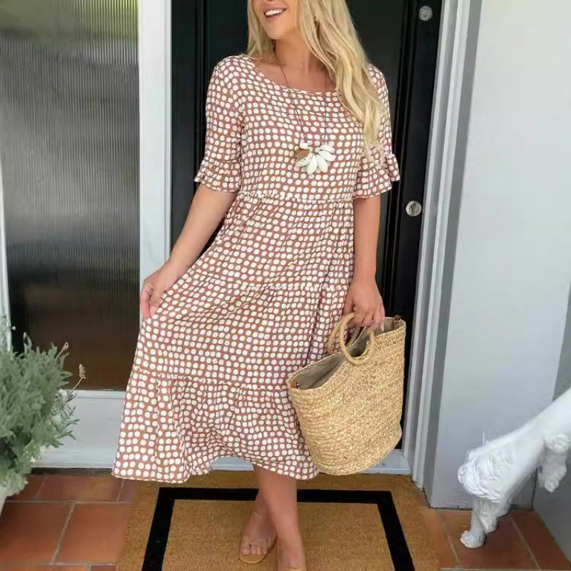 Womens Hot Bestseller Summer Crew-Neck Printed Short-Sleeve Dress