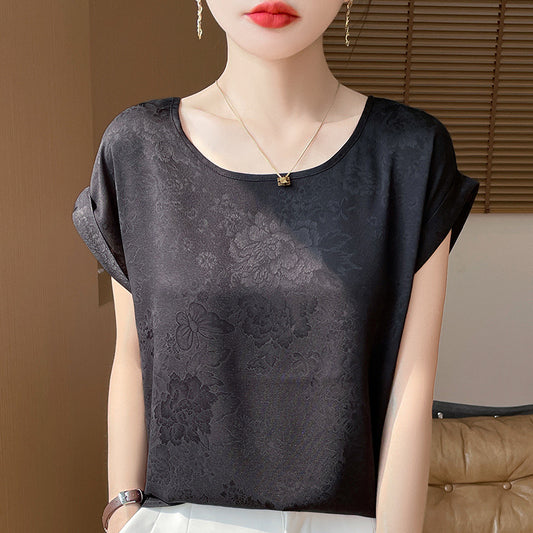 Crew-neck Cropped Elegant Dark-print Plus-size Short-sleeve T-shirt