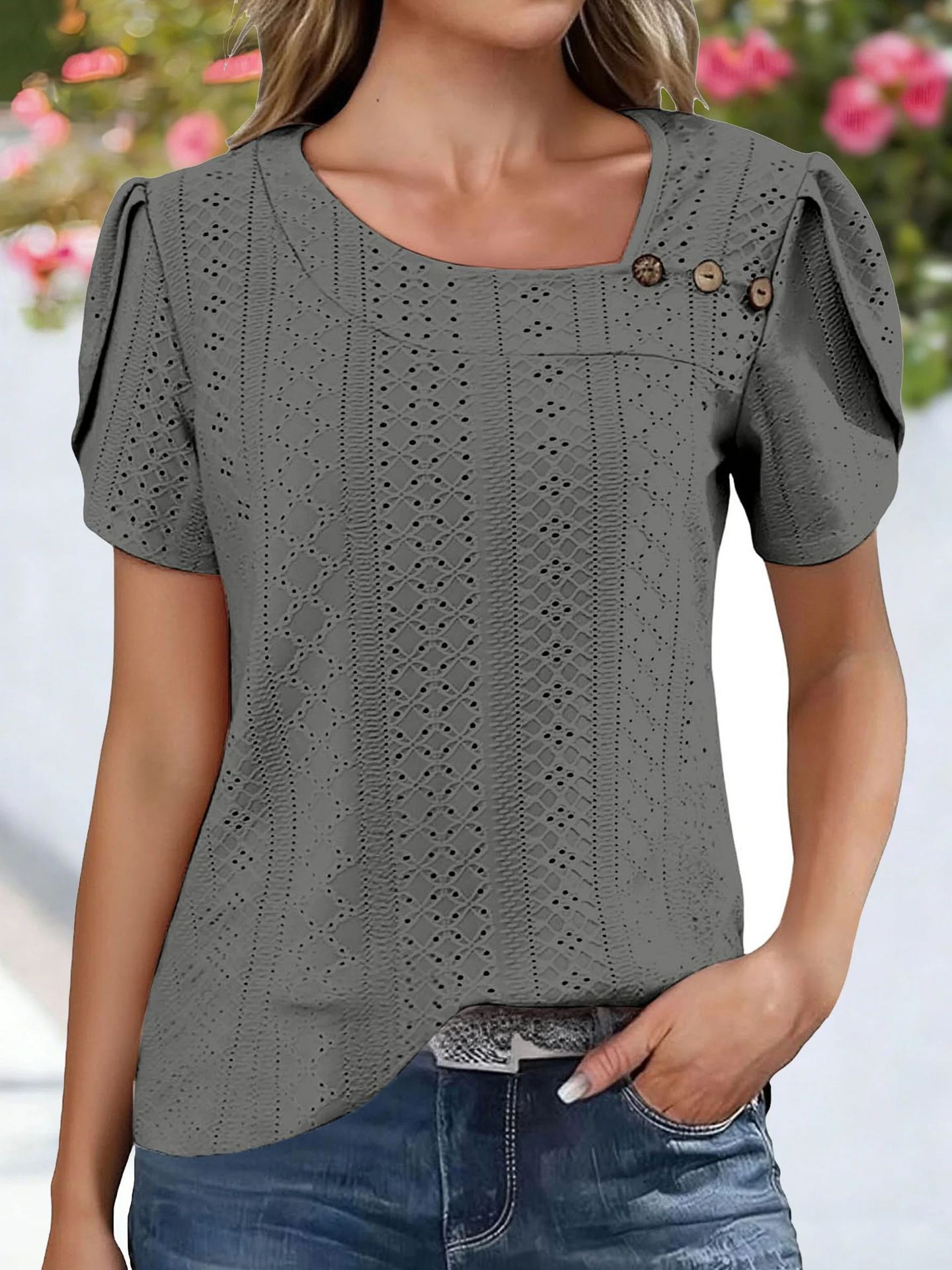 V-neck Casual Buttoned Solid-color Womens Top