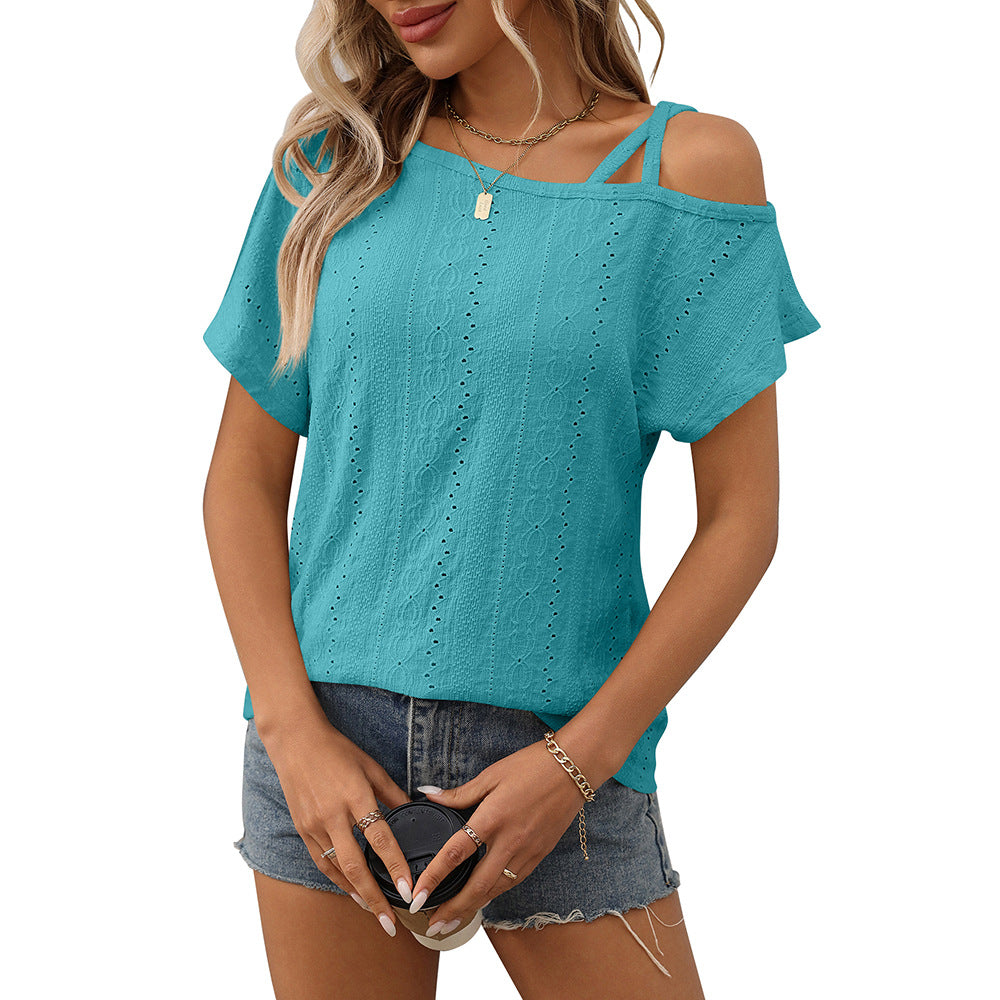 One-shoulder Short-sleeve T-shirt Hollow-out Top For Women