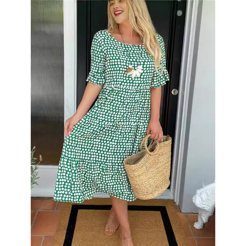 Womens Hot Bestseller Summer Crew-Neck Printed Short-Sleeve Dress