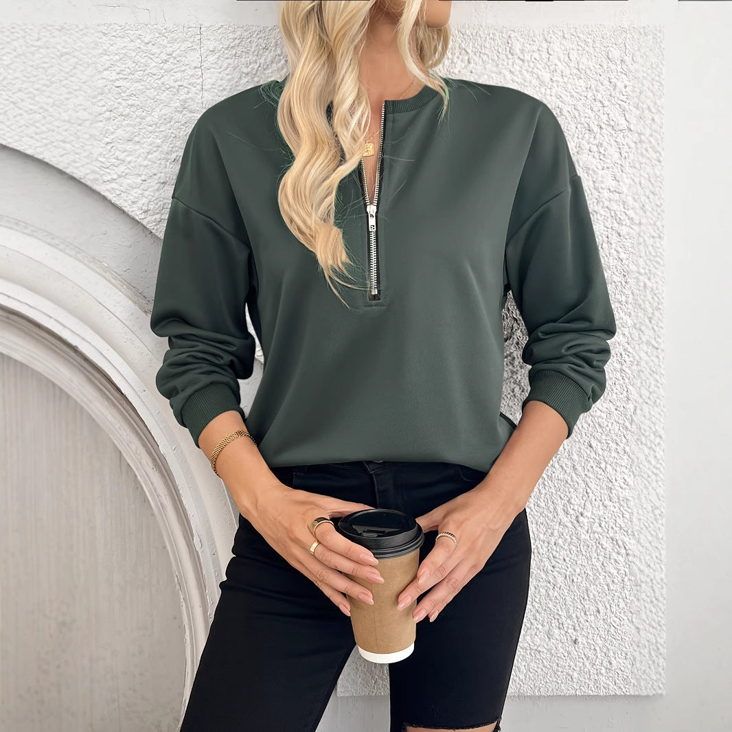 Women's Solid Color Casual Half Zipper Off Shoulder Sleeve Sweatshirt