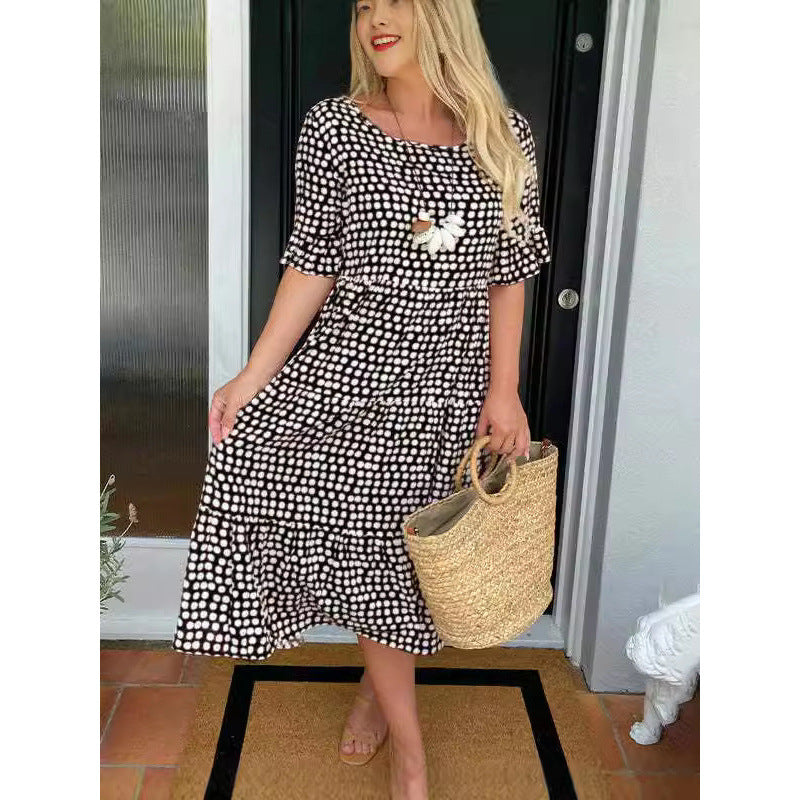 Womens Hot Bestseller Summer Crew-Neck Printed Short-Sleeve Dress