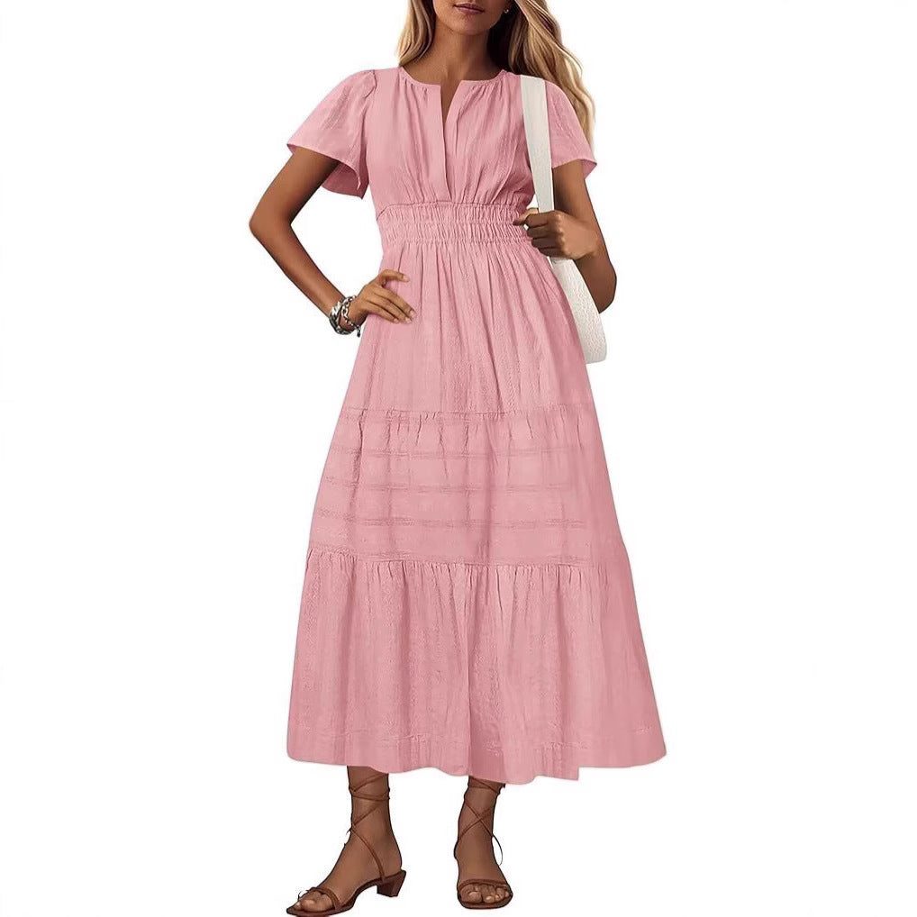 Vneck Pleated Puff Sleeve Layered Maxi Dress For Women