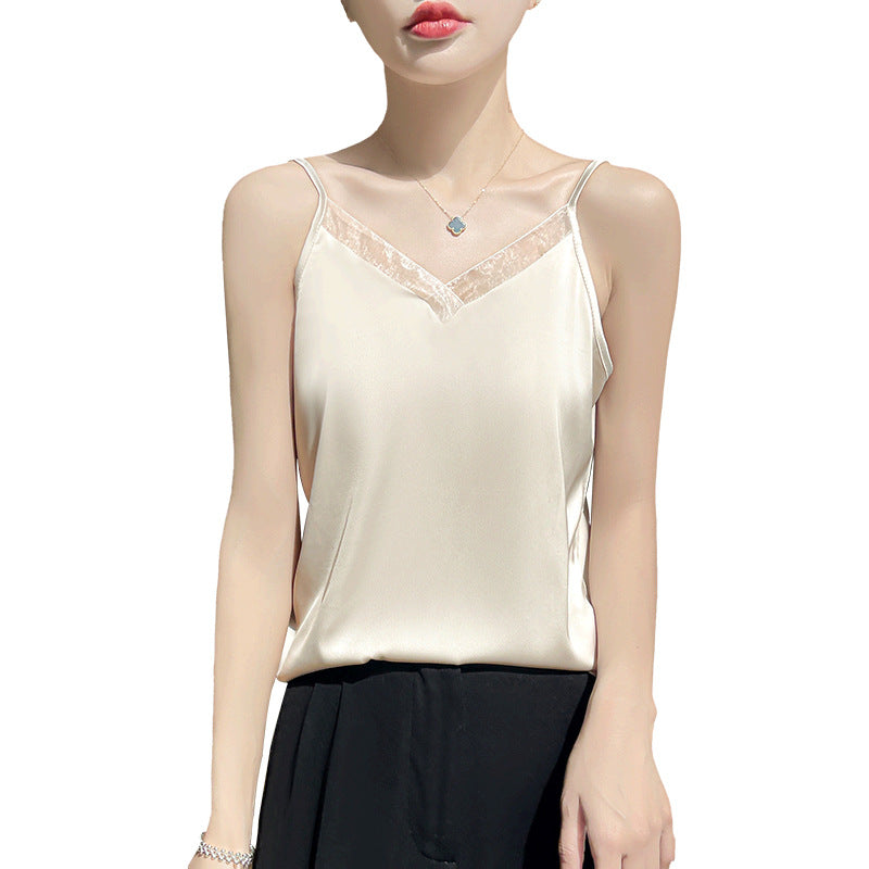 V-neck Mesh-panelled Sleeveless Chic Slip-style Camisole