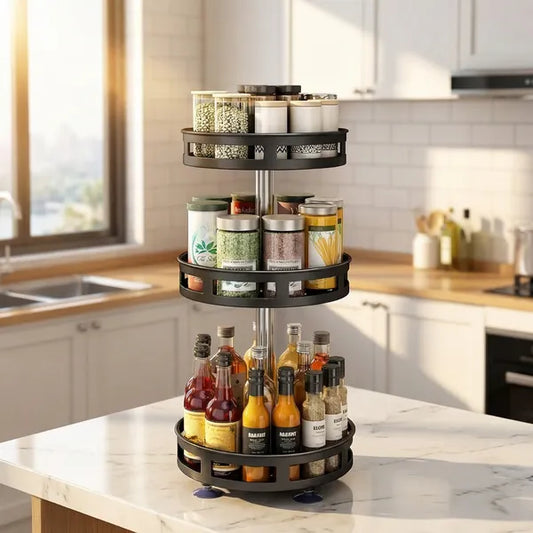 3-Tier Rotating Spice Rack Organizer – Carbon Steel 360° Metal Turntable, Multifunctional Kitchen Seasoning & Condiment Storage Rack, Space-Saving Countertop Spice Jar Organizer