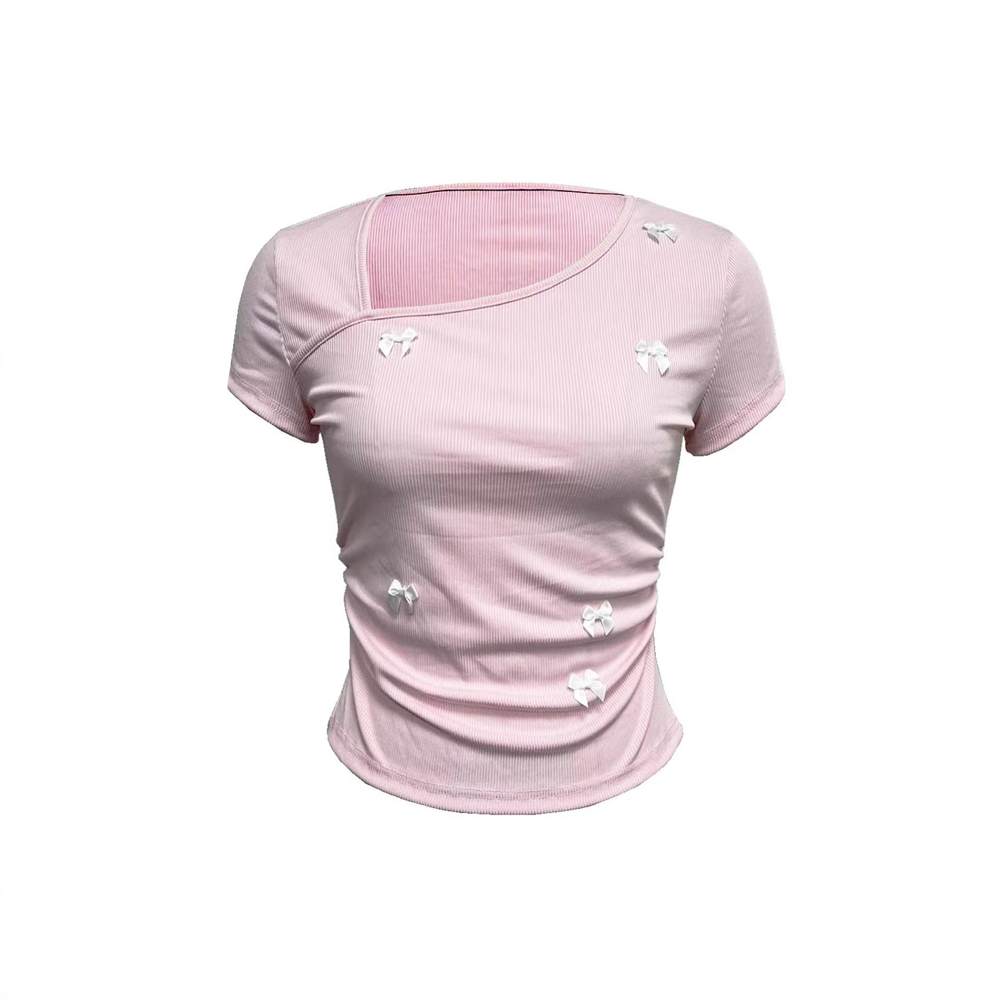 Summer T-shirt With A Bow Accent And Slanted Neckline