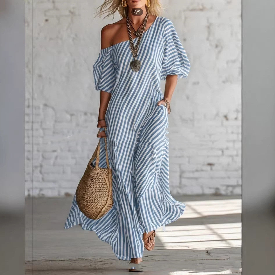 Printed Elegant Classic Striped Off-Shoulder Long Dress