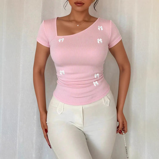 Summer T-shirt With A Bow Accent And Slanted Neckline