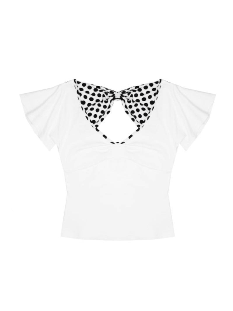 Millennial Japanese-style Back-Cutout Bow-Knot Polka-Dot Print Shirt