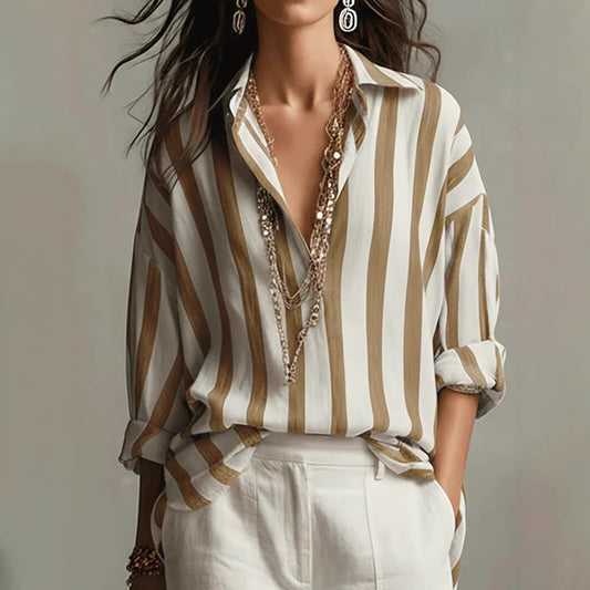 Striped Lapel Collar Loose-Fit Stylish Pullover Womens Blouse