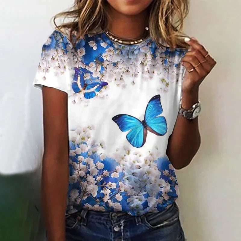 Women's Round-Neck Short-Sleeve Casual Top With 3D Flower Print