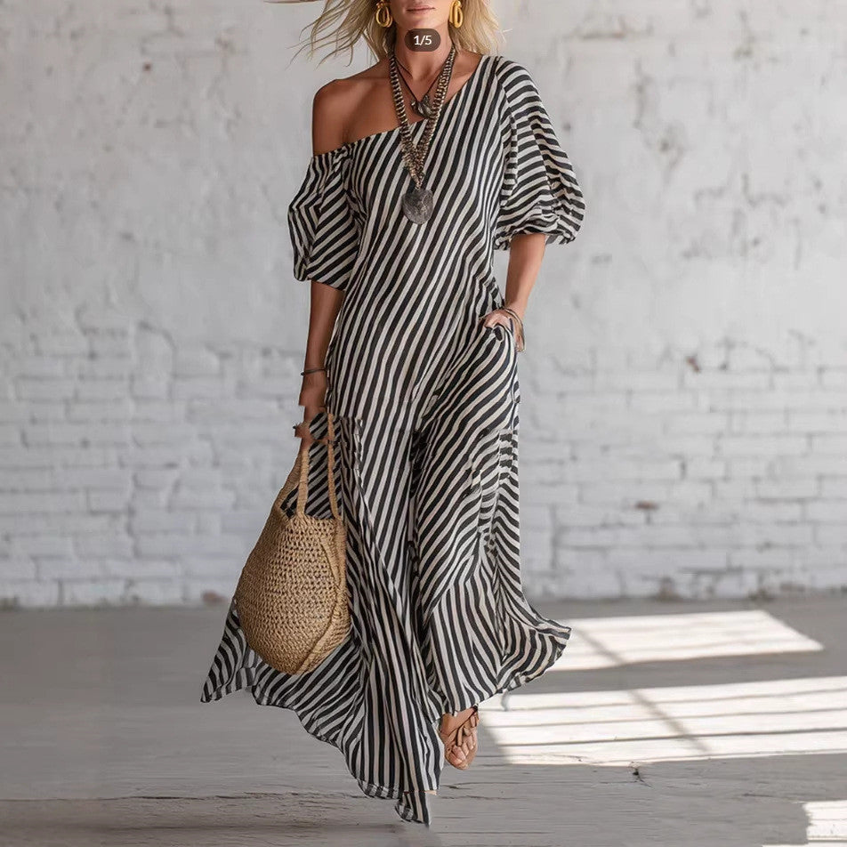 Printed Elegant Classic Striped Off-Shoulder Long Dress