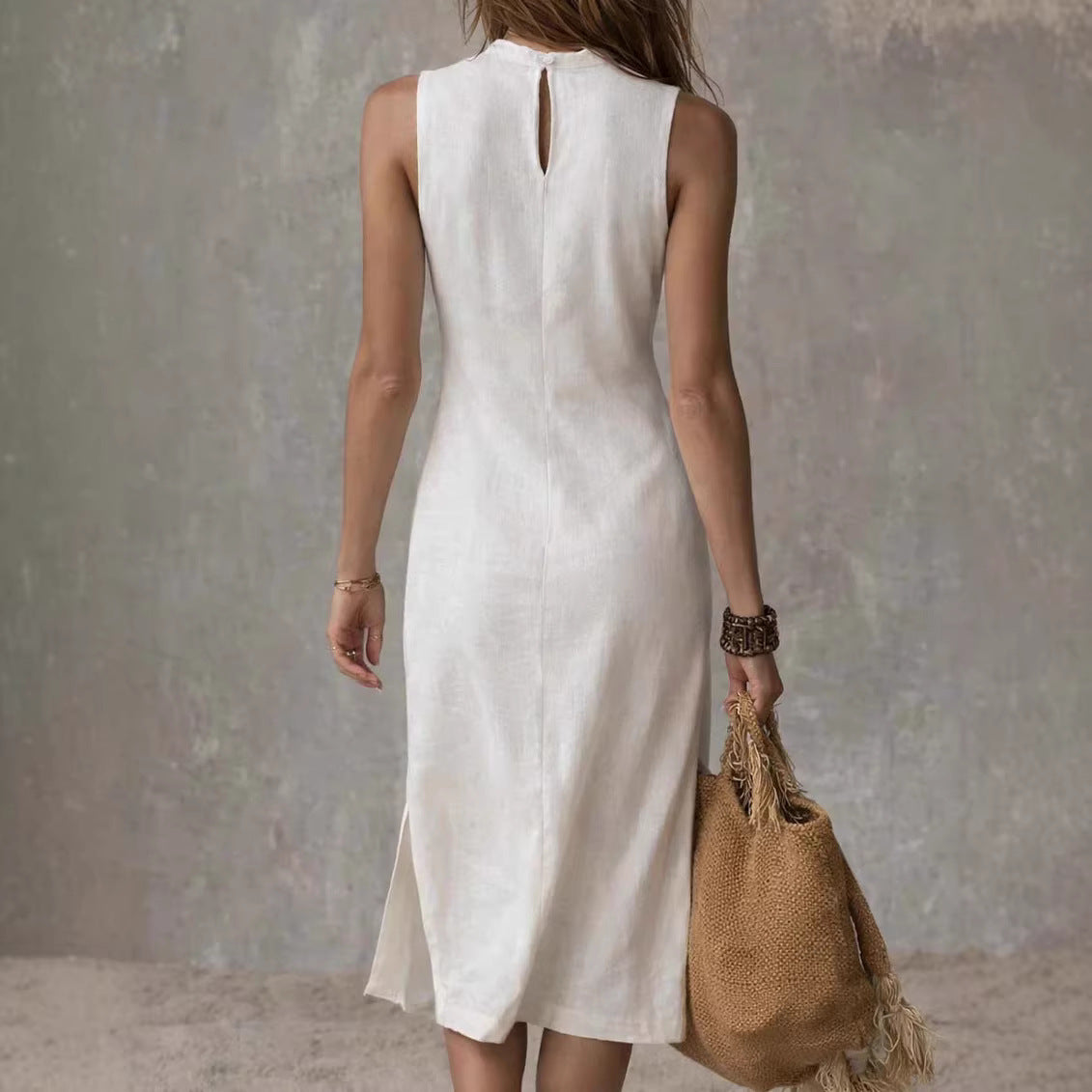 Sleeveless Solid-Color Tank Top High-Slit Elegant Midi Knitted Dress