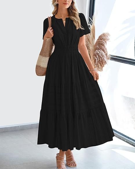Vneck Pleated Puff Sleeve Layered Maxi Dress For Women