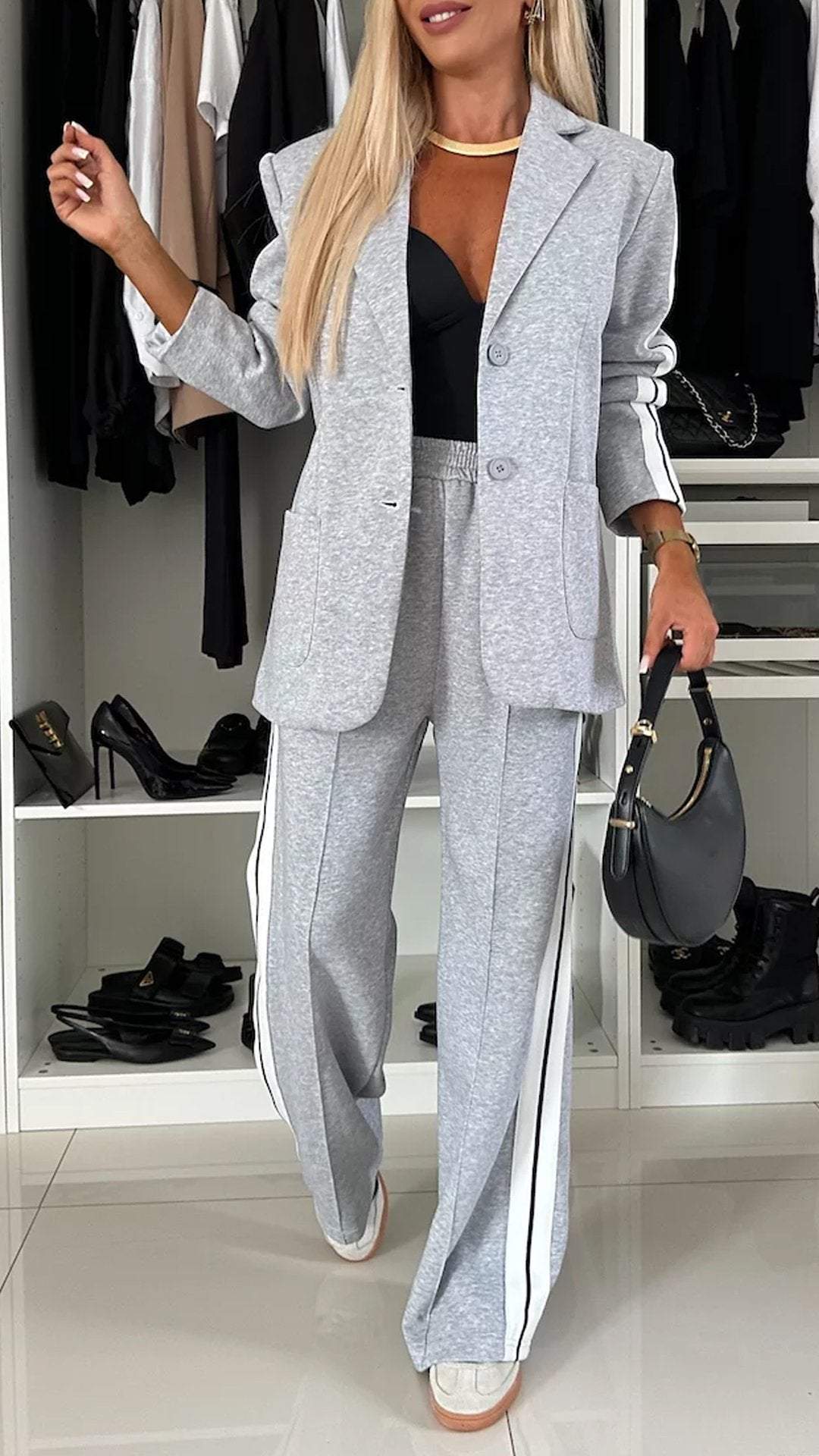 Women's Casual Suit Lapel Single-breasted Jacket And Striped Straight Pants Fashion Sports Trousers Suit Out wears Clothing